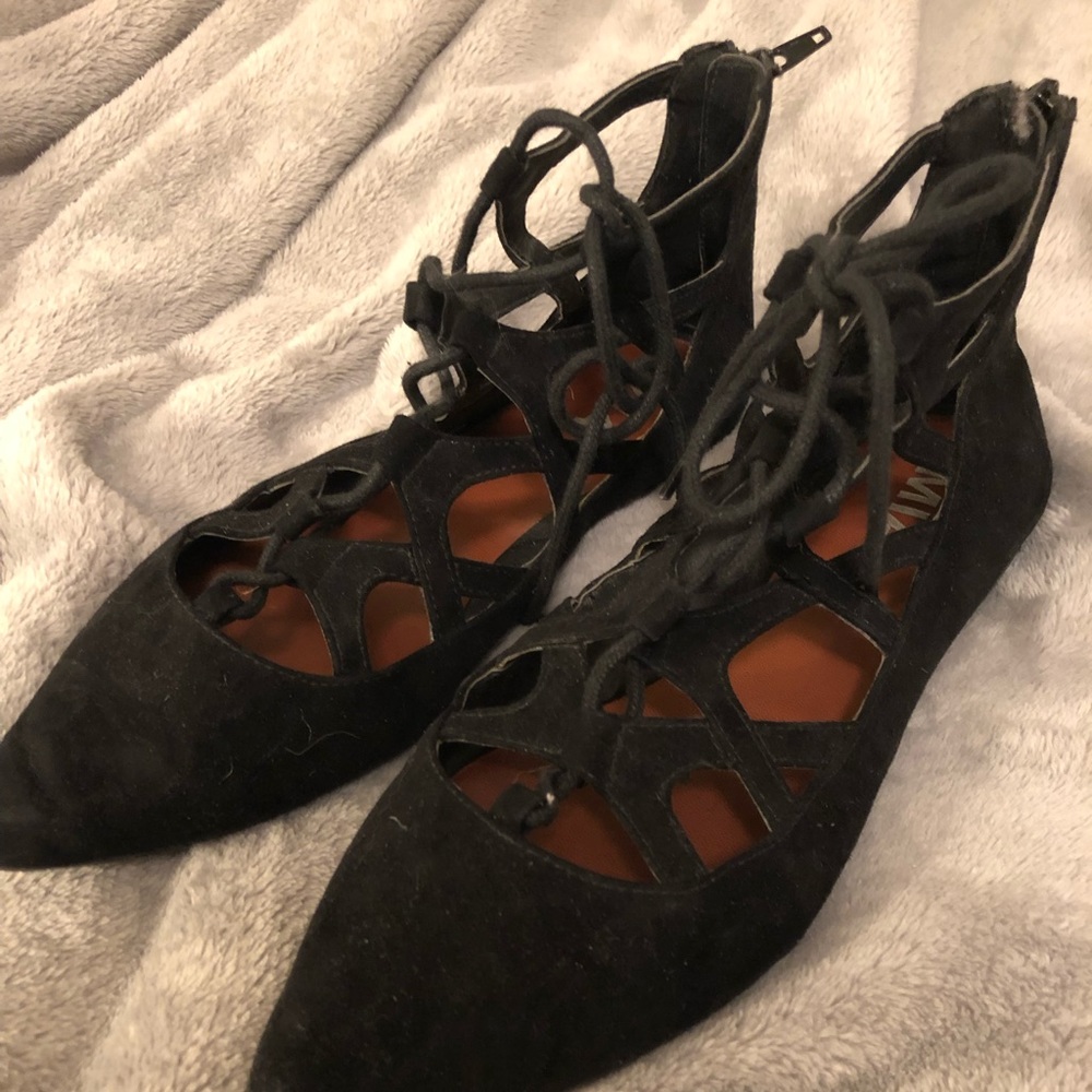 Mia lace up black pointed toe flats (zipper back)